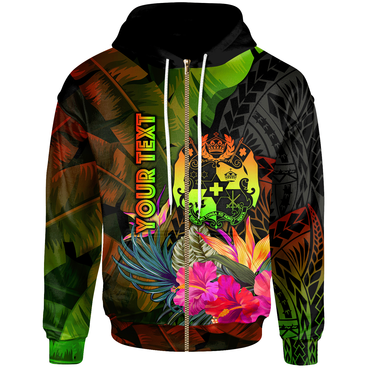 Tonga Polynesian Custom Zip up Hoodie Hibiscus and Banana Leaves Unisex Reggae - Polynesian Pride