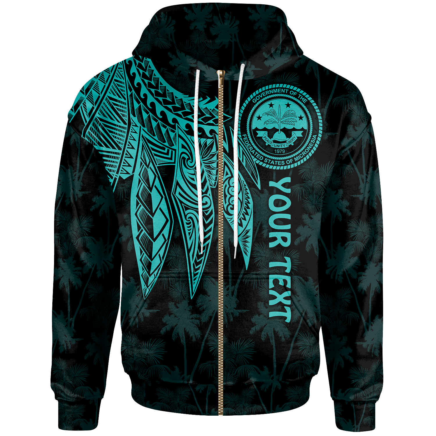 Federated States of Micronesia Custom Zip up Hoodie Polynesian Wings (Turquoise) Unisex Turquoise - Polynesian Pride