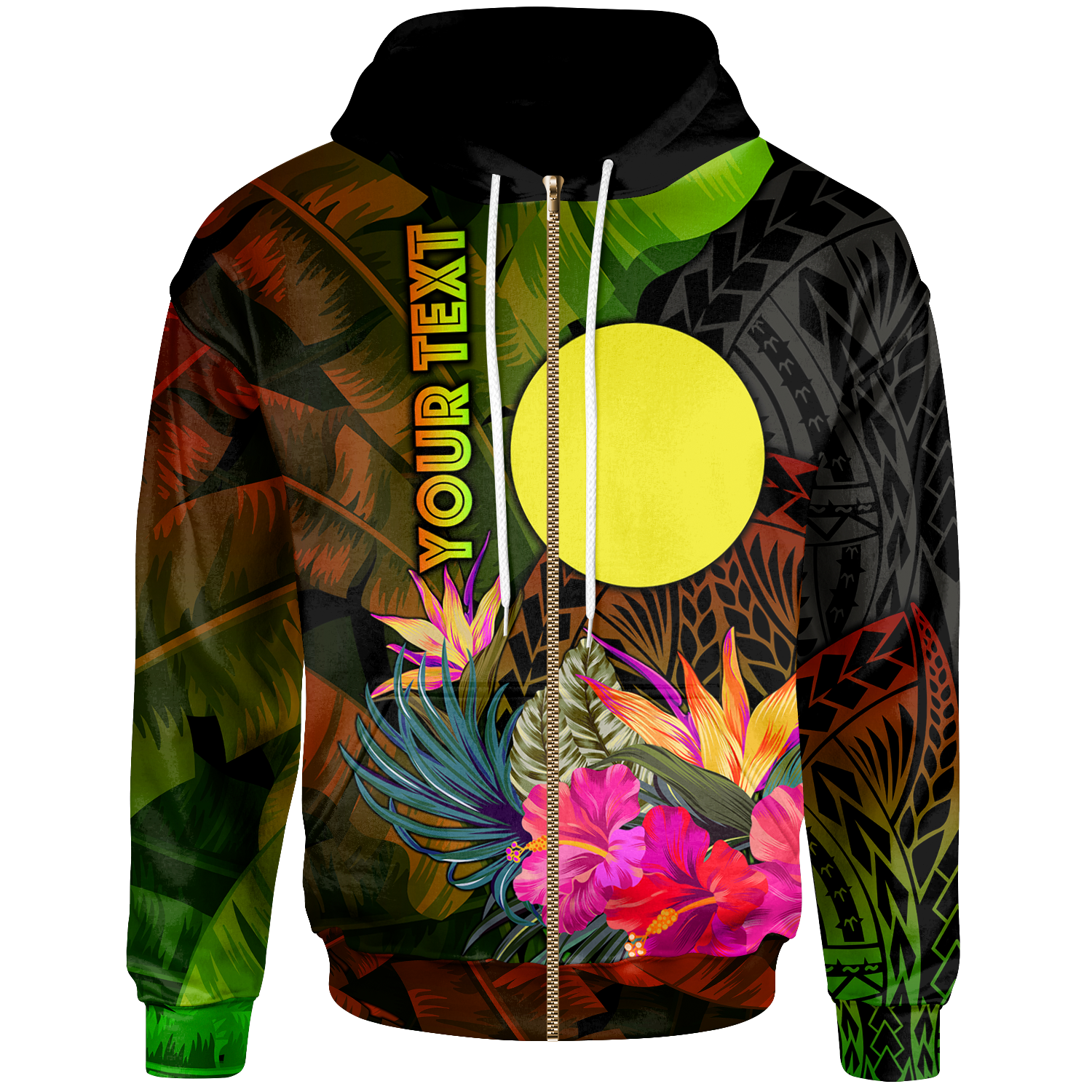 Palau Polynesian Custom Zip up Hoodie Hibiscus and Banana Leaves Unisex Reggae - Polynesian Pride