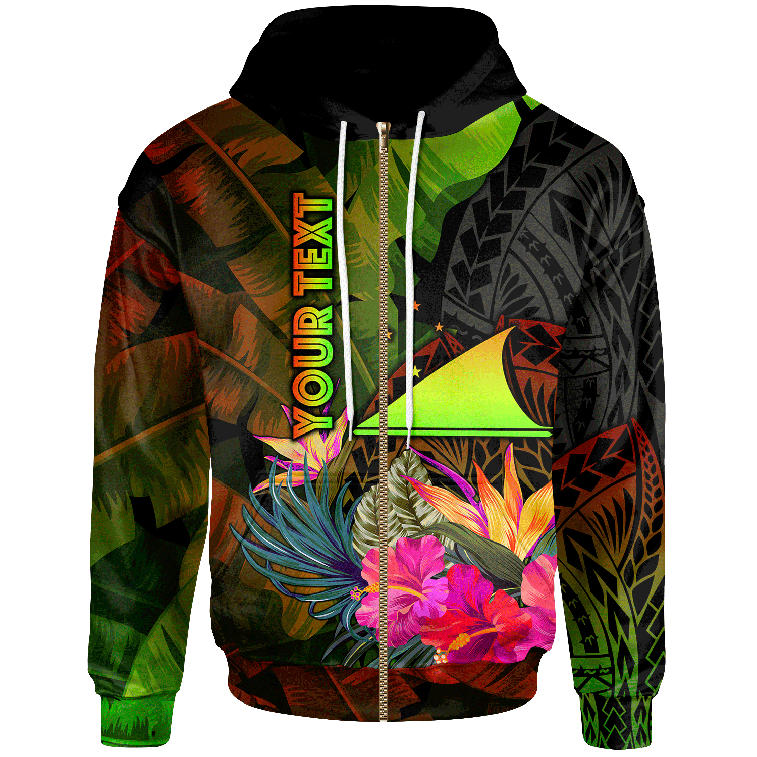 Tokelau Polynesian Custom Zip up Hoodie Hibiscus and Banana Leaves Unisex Reggae - Polynesian Pride