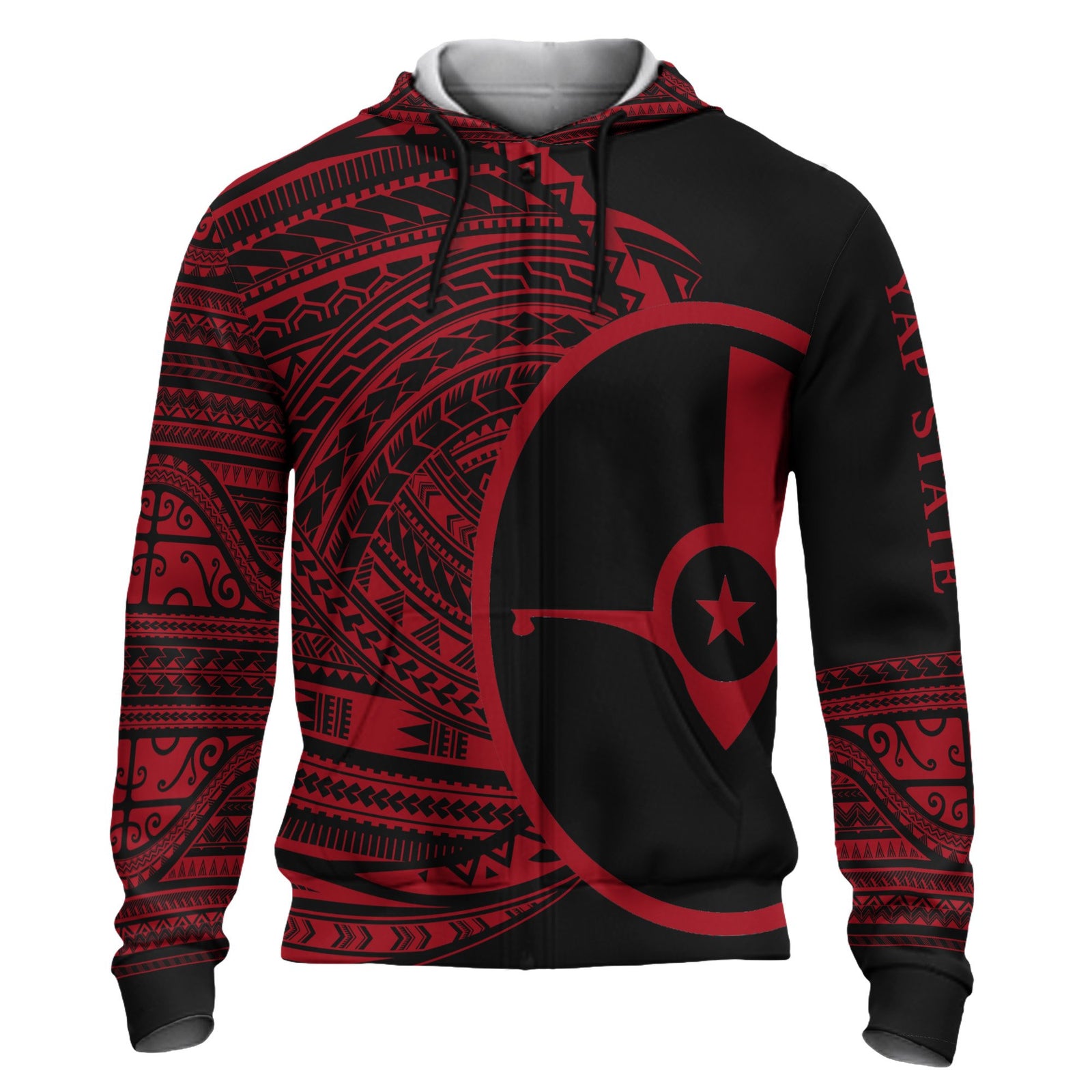 Yap Hoodie Micronesia Red Patterns With Coat of Arms Unisex Black - Polynesian Pride