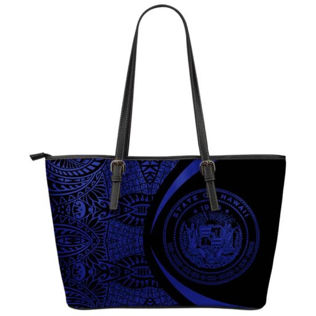 Hawaii Coat Of Arms Polynesian Small Leather Tote - Circle Style - Blue And Black Blue - Polynesian Pride