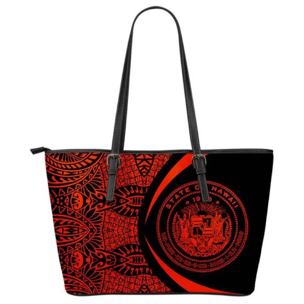 Hawaii Coat Of Arms Polynesian Large Leather Tote - Circle Style - Red Red - Polynesian Pride