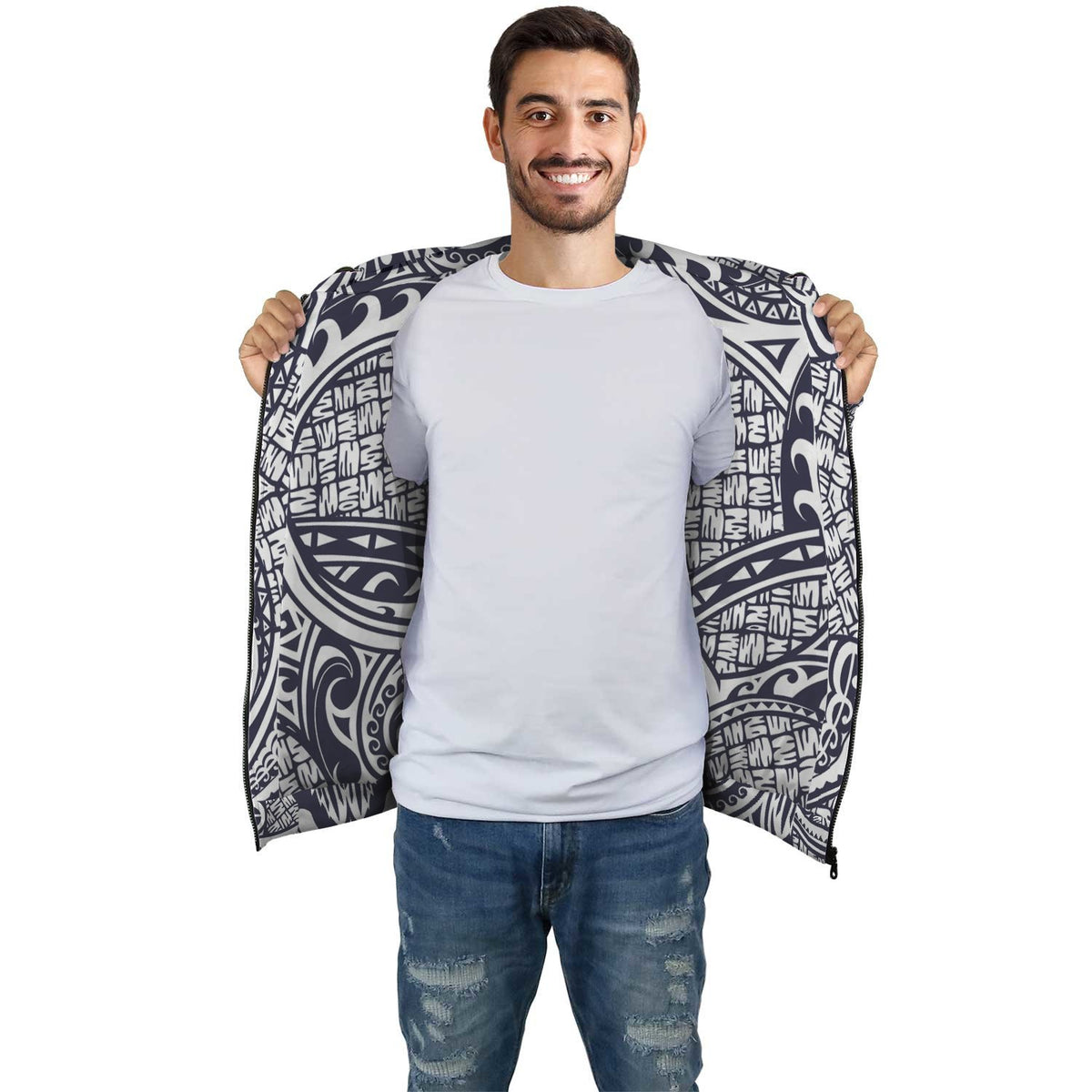 White Blue Polynesian Inside Print Zip Hoodie - Polynesian Pride