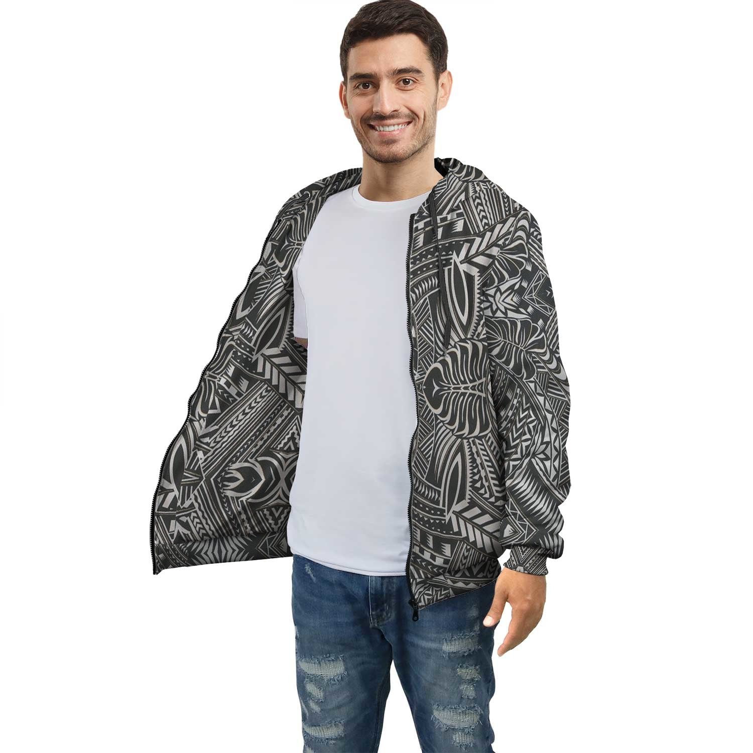White Palm Polynesian Inside Print Zip Hoodie Unisex Black - Polynesian Pride
