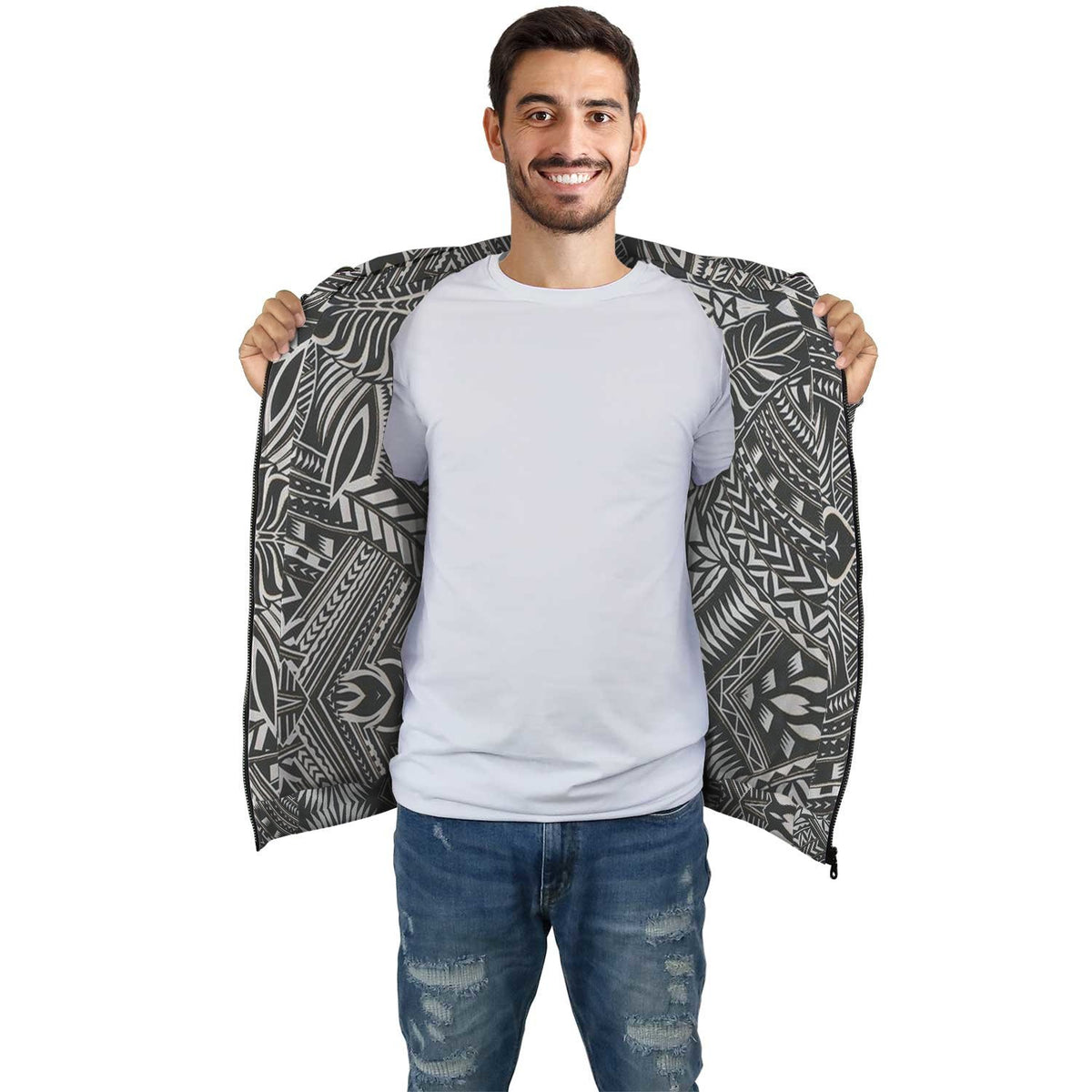 White Palm Polynesian Inside Print Zip Hoodie - Polynesian Pride