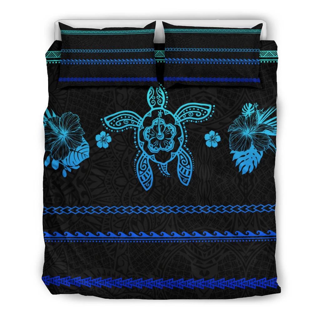 Hawaiian Turtle Hibiscus Black And Blue Bedding Set - Color Style Black - Polynesian Pride