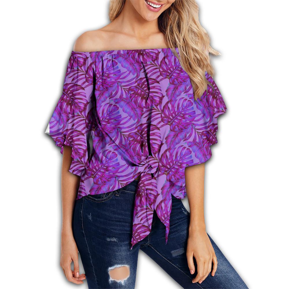 Tropical Leaves Jungle Monstera Leaf Purple Women's Off Shoulder Wrap Waist Top - AH Female Purple - Polynesian Pride