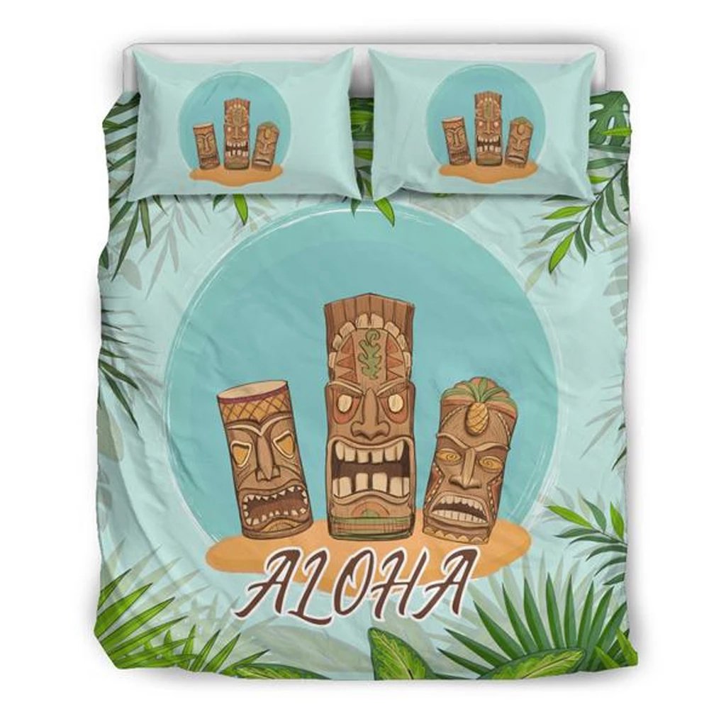 Hawaiian Palm Leaves Aloha Tiki Bedding Set Blue - Polynesian Pride