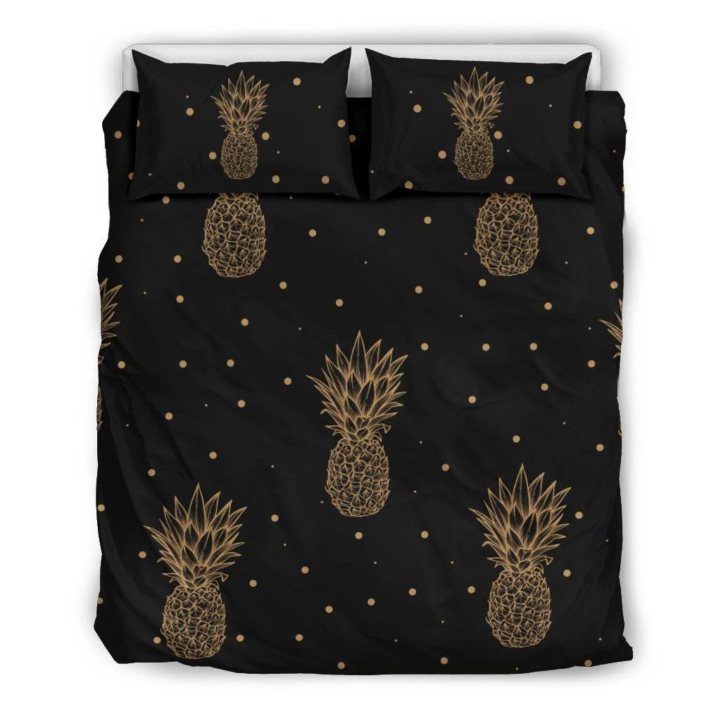 Hawaiian Pineapple Polka Dots Bedding Set Black - Polynesian Pride