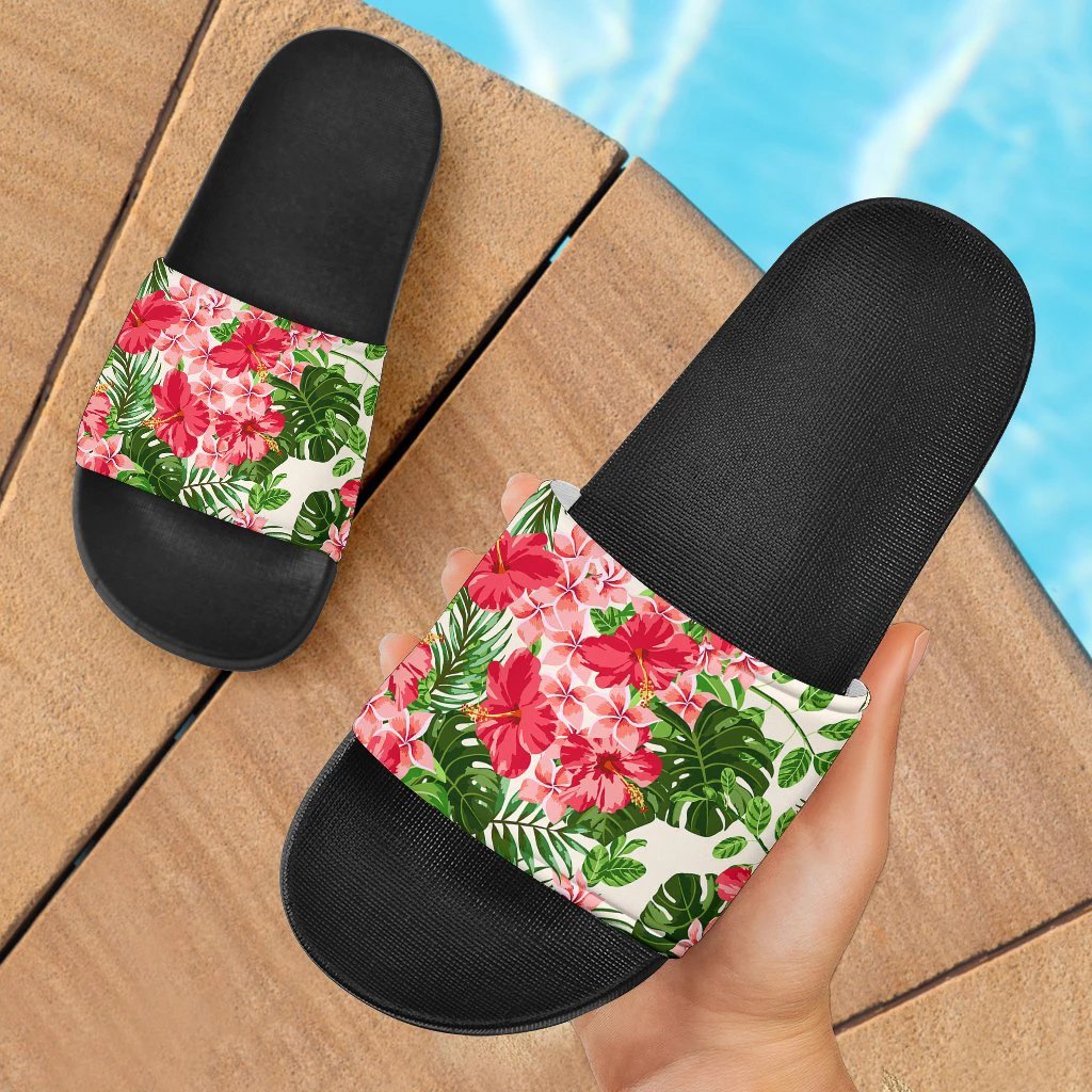 Hawaii Plumeria Hibiscus Pattern Slide Sandals Black - Polynesian Pride