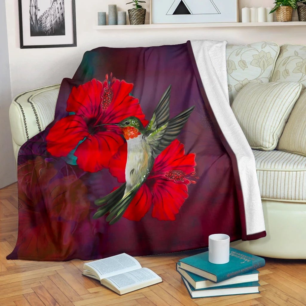 Hawaii Hibiscus And Bird Premium Blanket White - Polynesian Pride