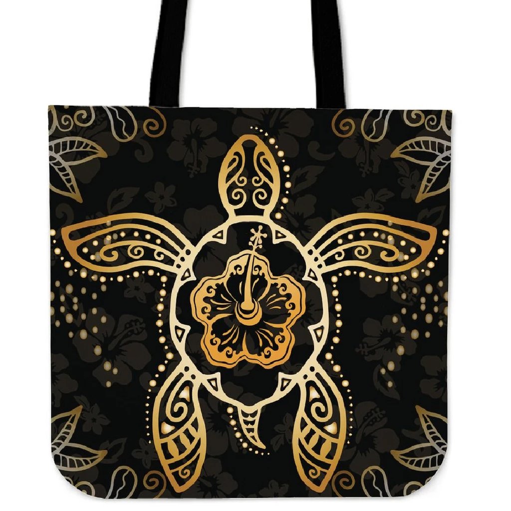 Turtle Hibiscus Yellow Tote Bag Tote Bag One Size Black - Polynesian Pride