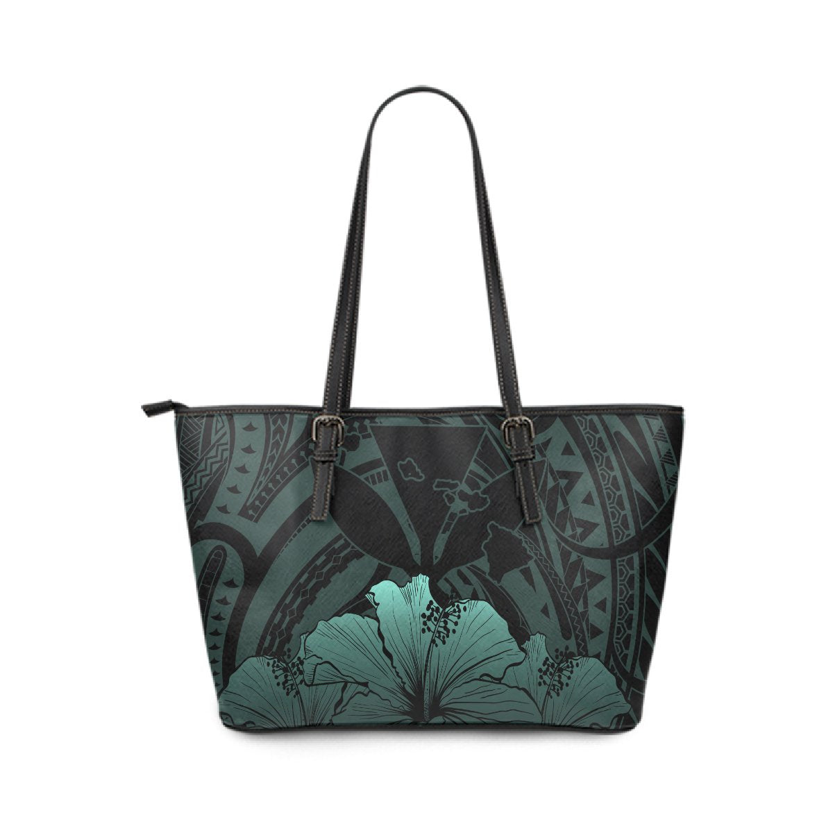 Personalised - Hawaii Royal Hibiscus Polynesian Tribal Small Leather Tote Bag Turquoise AH Turquoise - Polynesian Pride