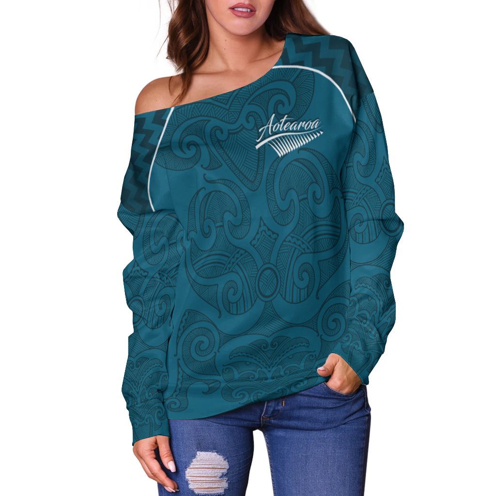 Maori 2021 Off Shoulder Sweater - Turquoise Aotearoa Tattoo LT13 - Polynesian Pride