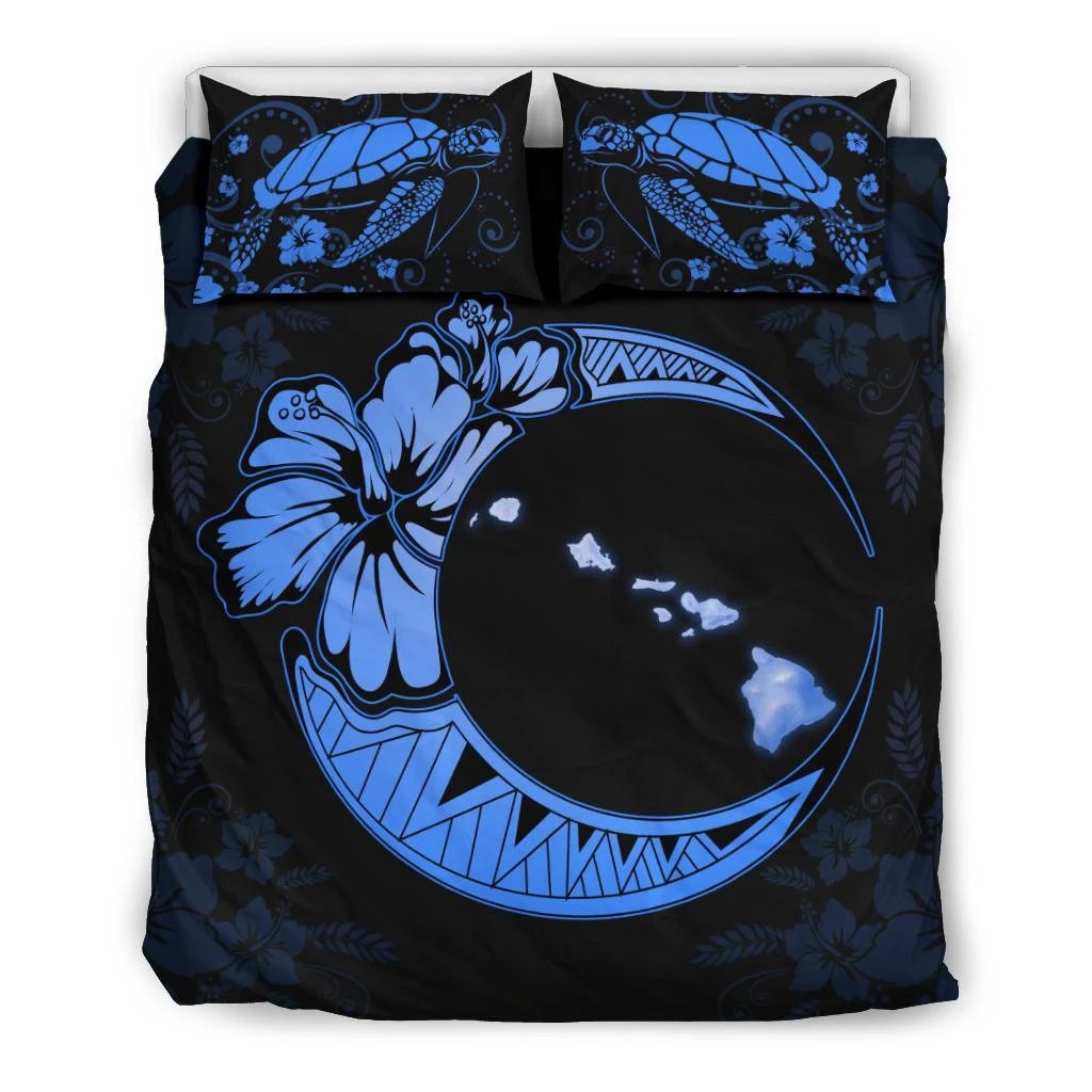 Hawaiian Map Hibiscus Turtle Polynesian Moon Bedding Set Deep Blue Black - Polynesian Pride