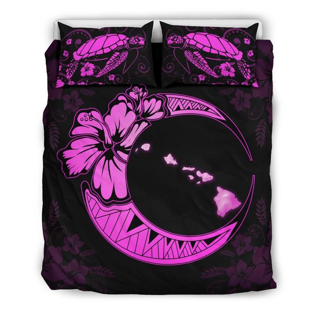 Hawaiian Map Hibiscus Turtle Polynesian Moon Bedding Set Pink Black - Polynesian Pride