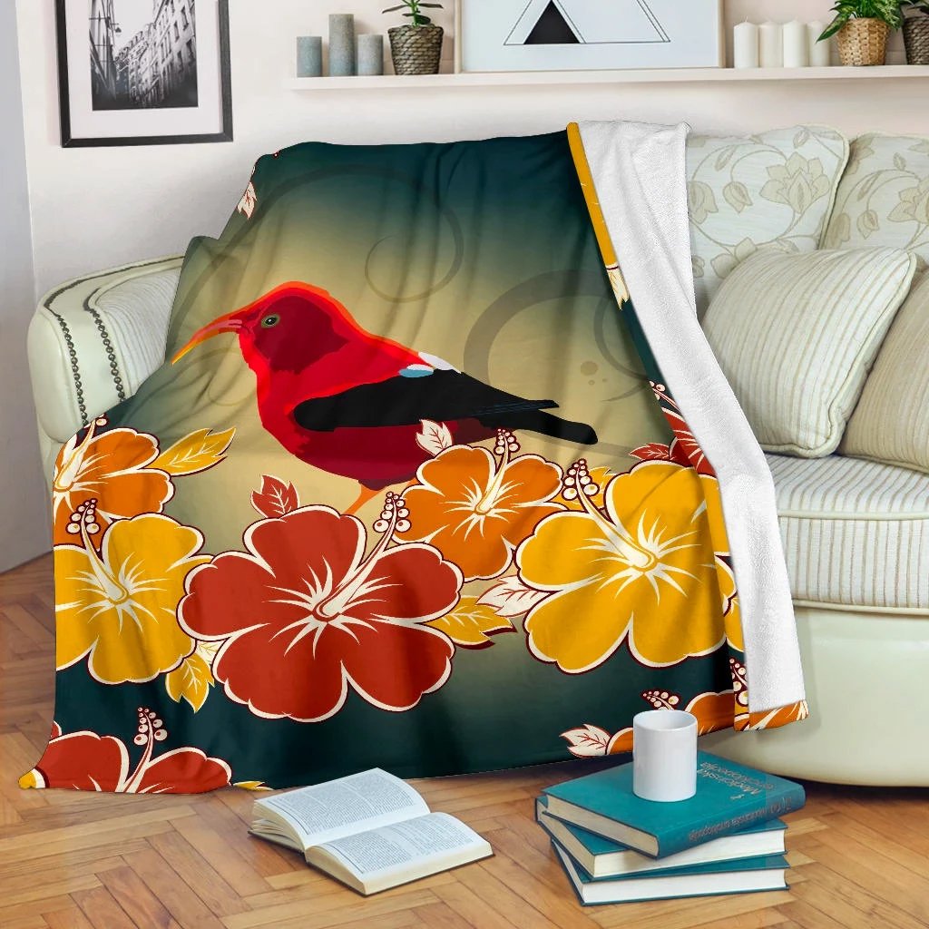 Hawaii Hibiscus And Bird Premium Blanket White - Polynesian Pride