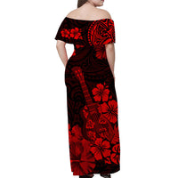Hawaii Off Shoulder Long Dress Polynesia Red Ukulele Flowers LT13 - Polynesian Pride