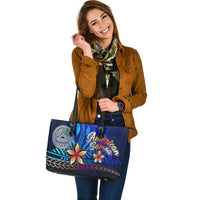 American Samoa Large Leather Tote Bag - Vintage Tribal Mountain - Polynesian Pride