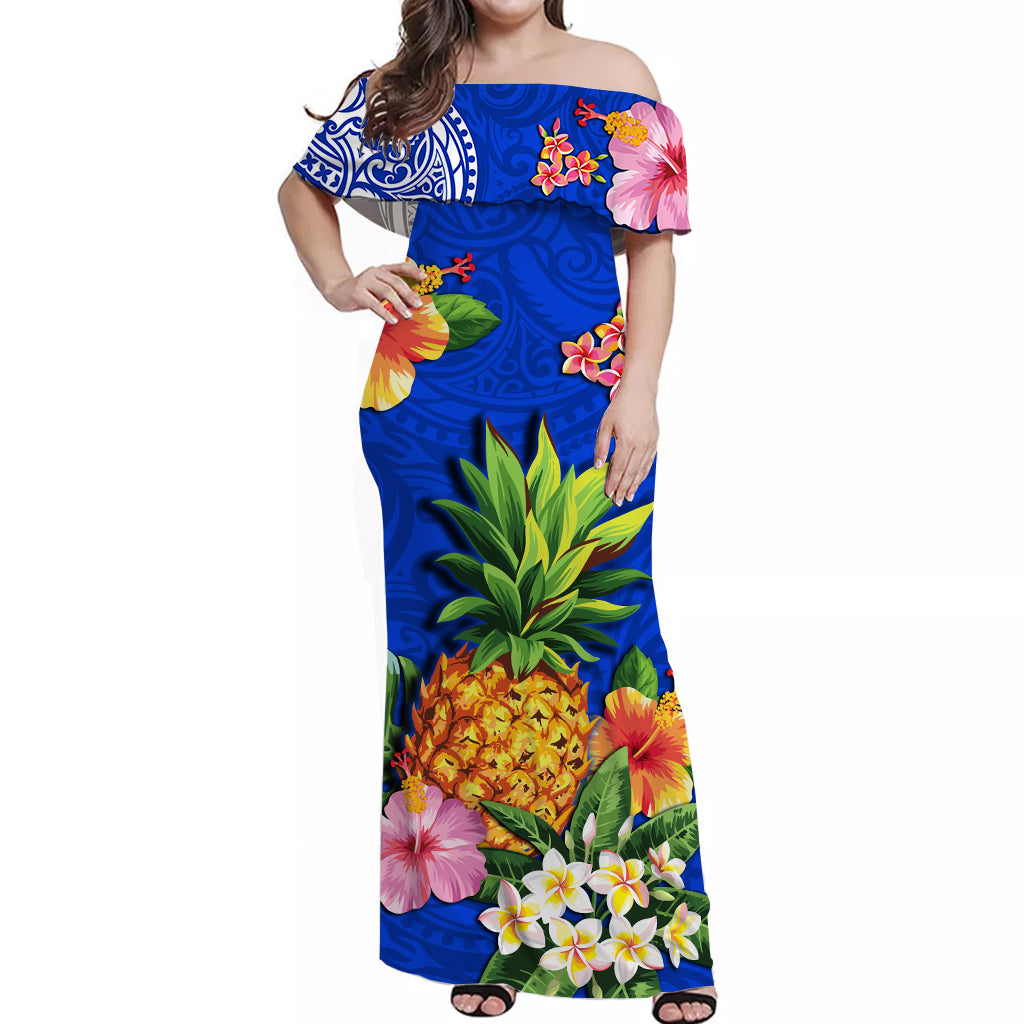 Hawaii Off Shoulder Long Dress Blue Polynesia Pineapple LT13 Women Blue - Polynesian Pride