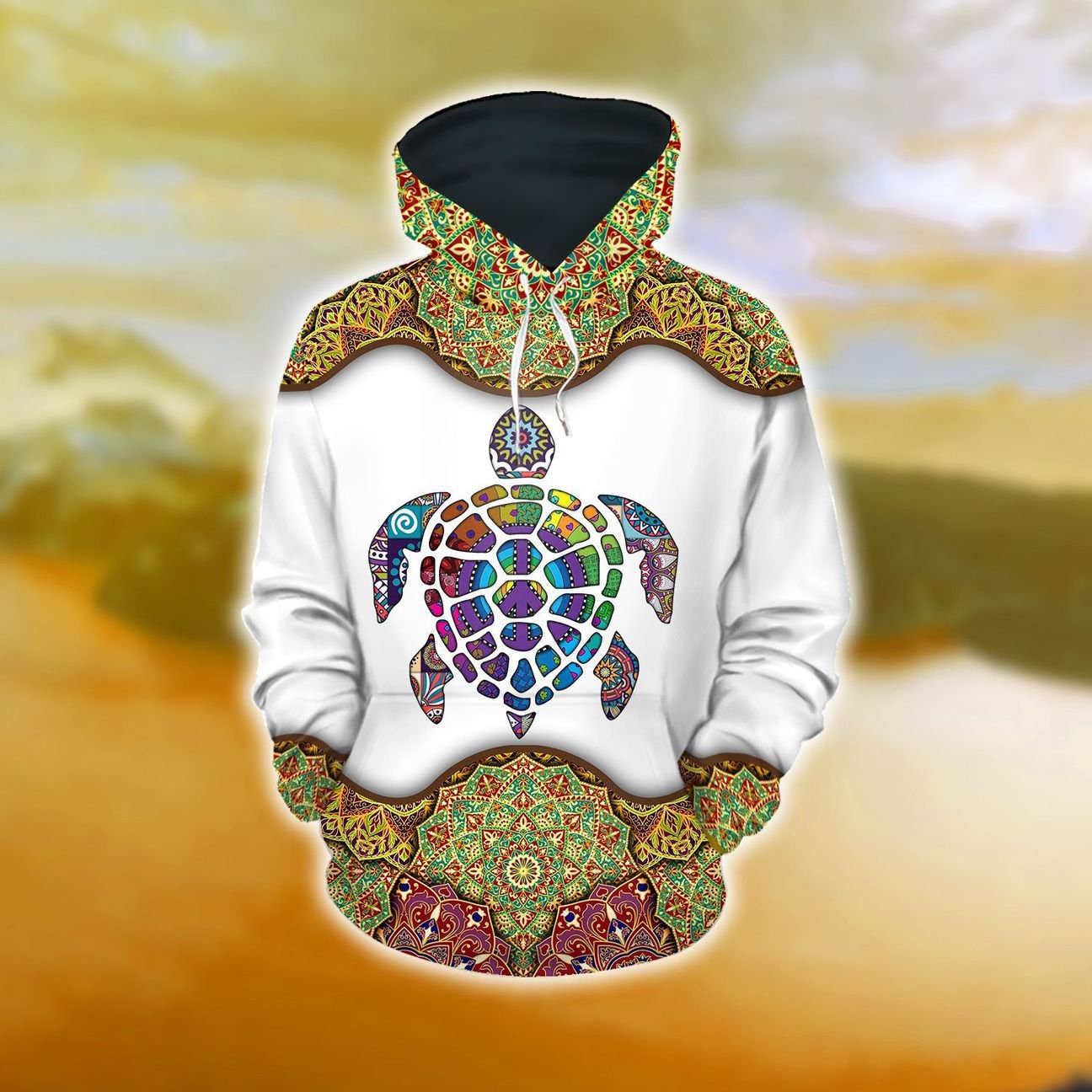 Hawaii Colorful Turtle Tribal Polynesian Hoodie Unisex White - Polynesian Pride