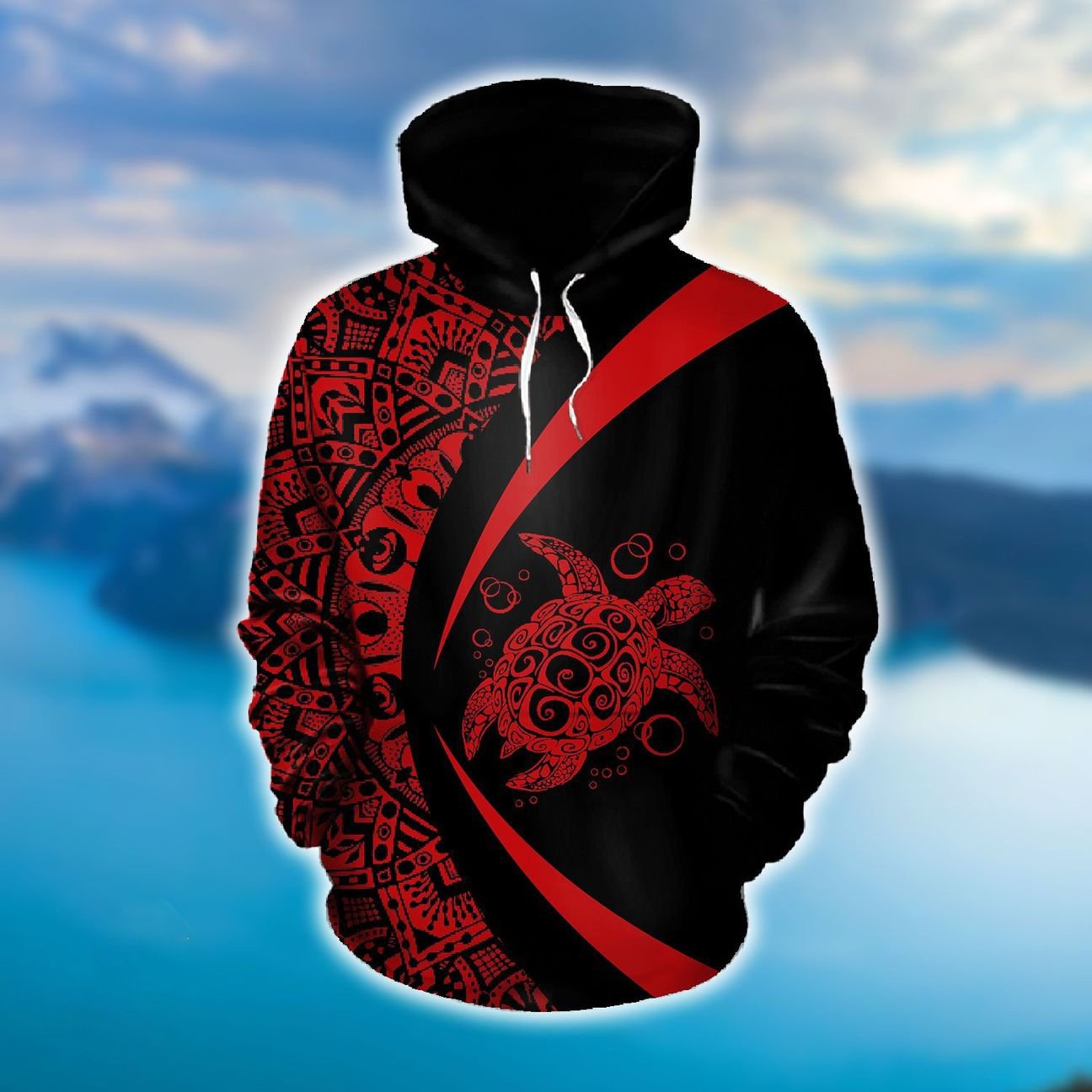 Hawaii Turtle Tribal Polynesian Hoodie andrea Style Red Unisex Red - Polynesian Pride