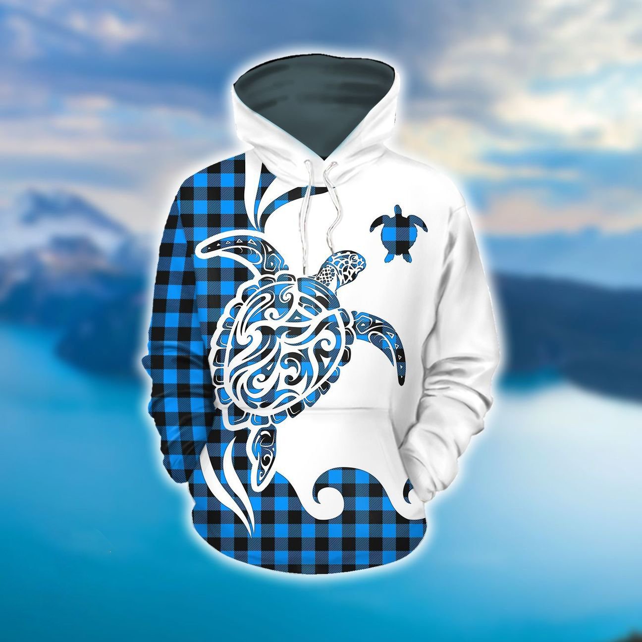 Hawaii Turtle Caro Hoodie Unisex Blue - Polynesian Pride