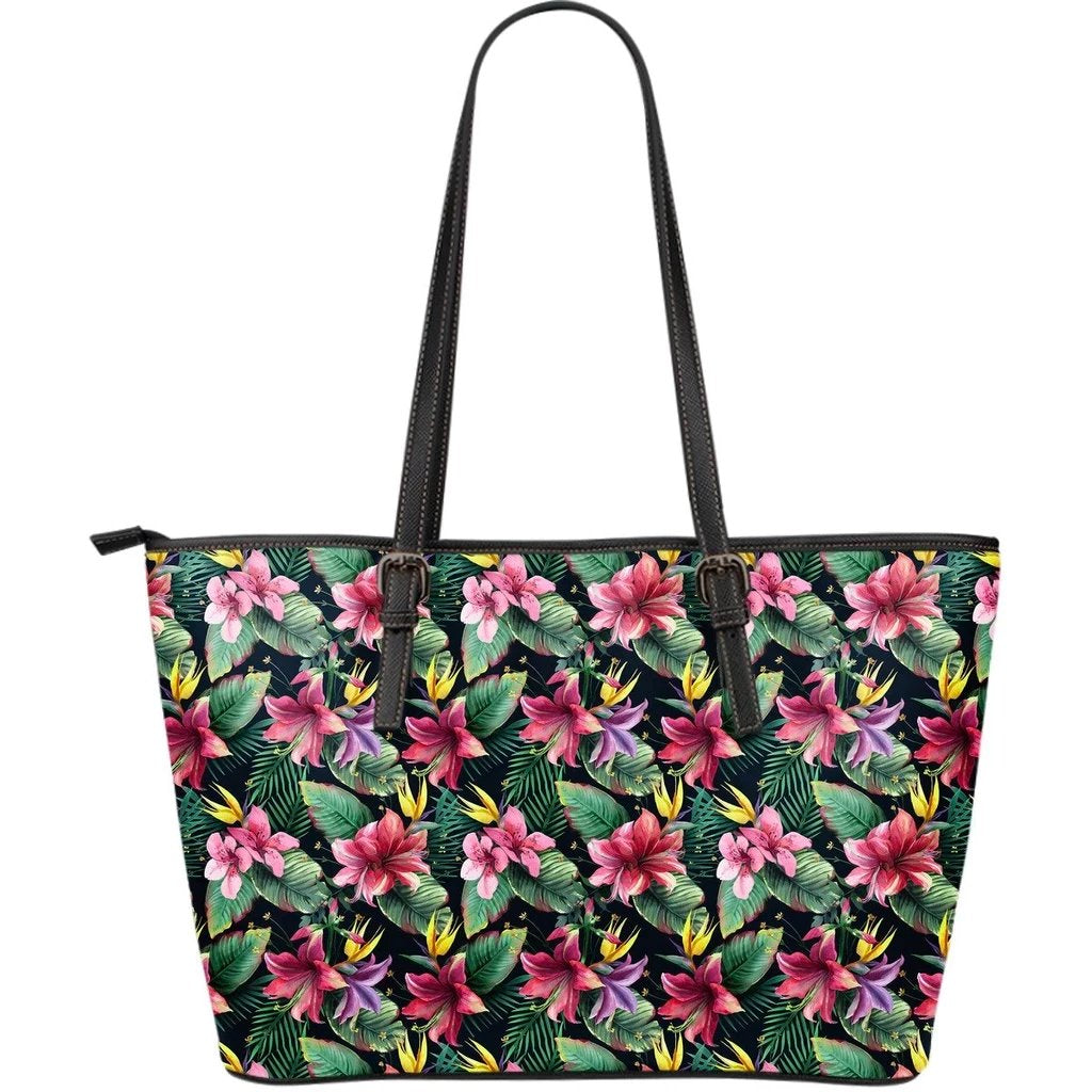 Hawaii Tropical Flowers, Palm And Leaves Large Leather Tote Green - Polynesian Pride