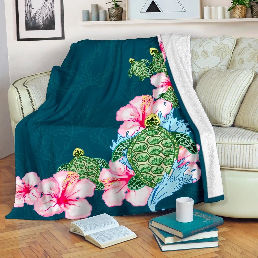 Hawaii Hibiscus And Turtle Green Color Premium Blanket White - Polynesian Pride