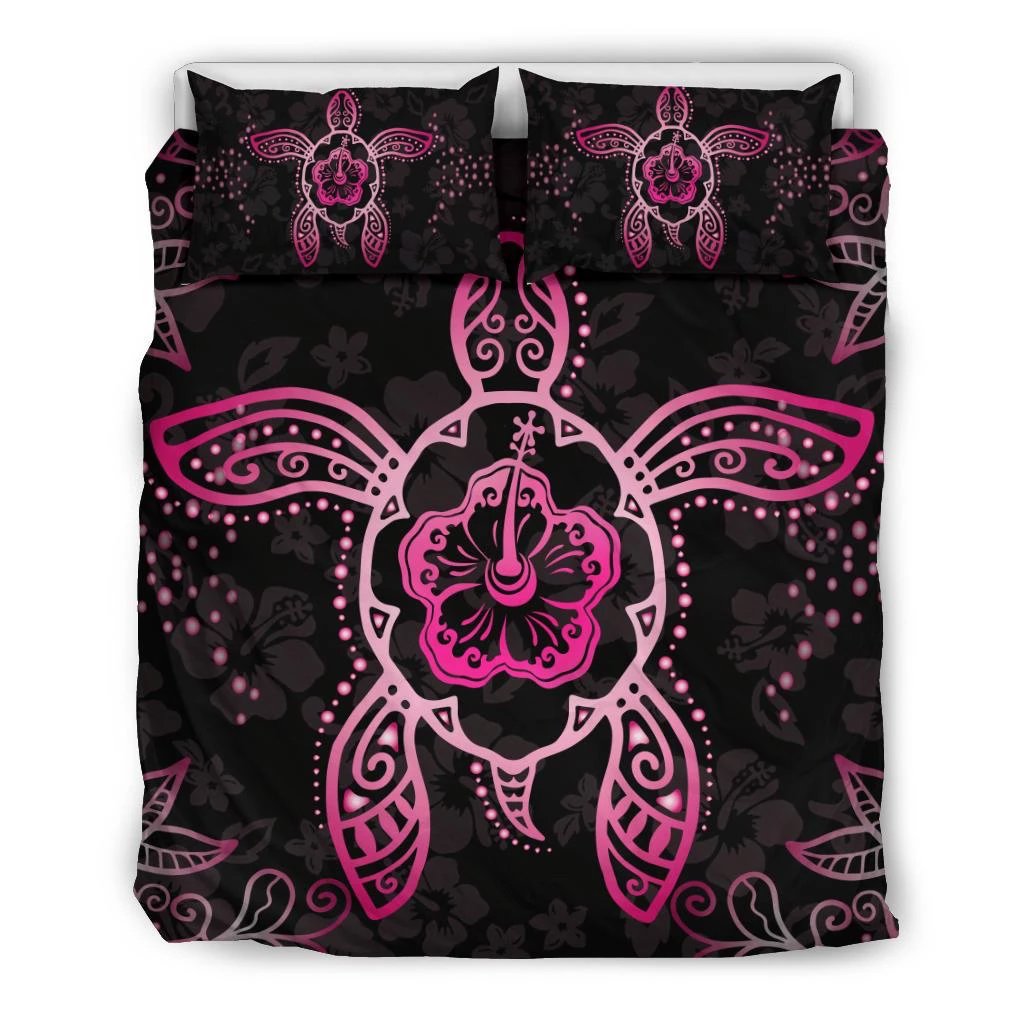 Hawaiian Turtle Hibiscus Pink Bedding Set Black - Polynesian Pride