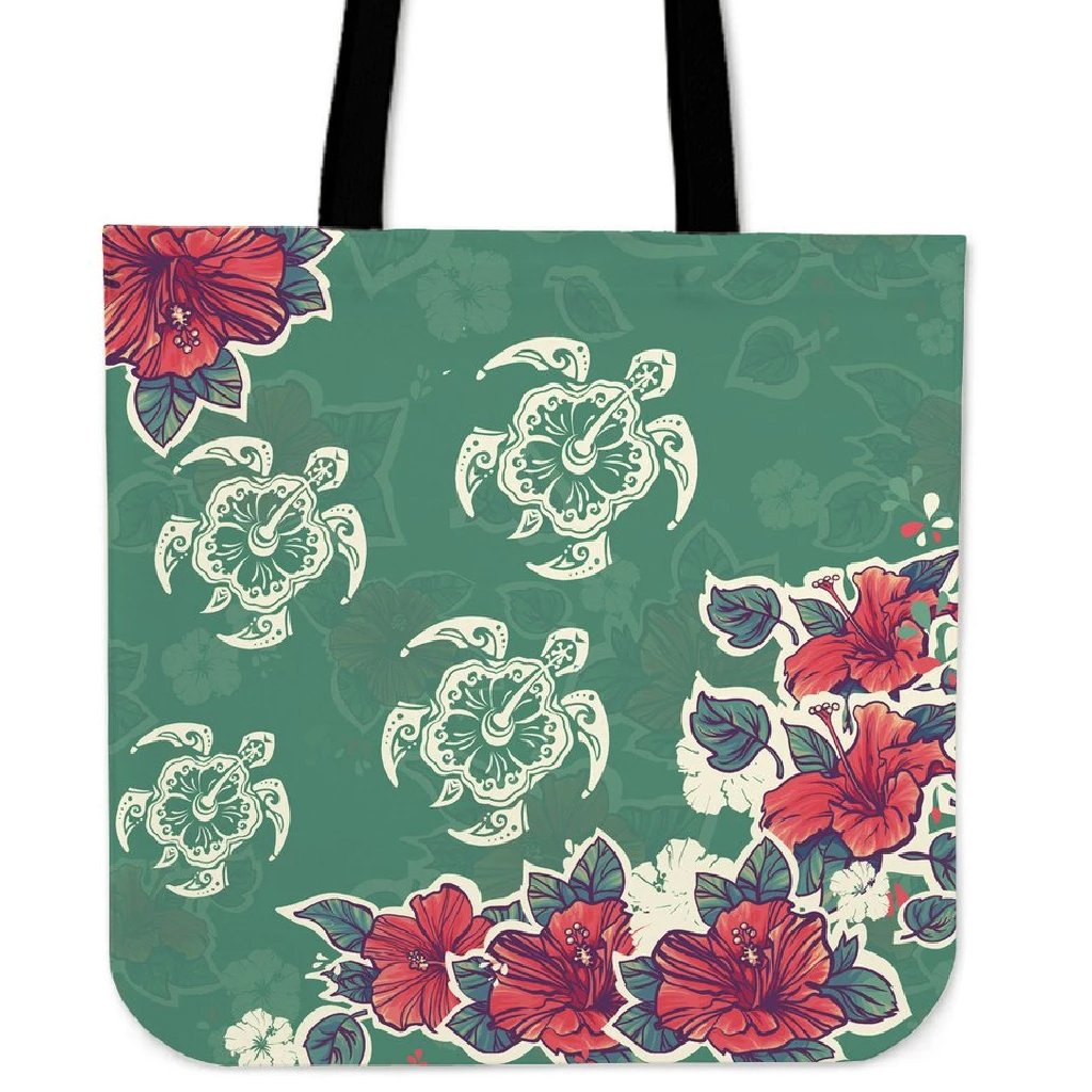 Turtle Hibiscus Red Tote Bag Tote Bag One Size Green - Polynesian Pride