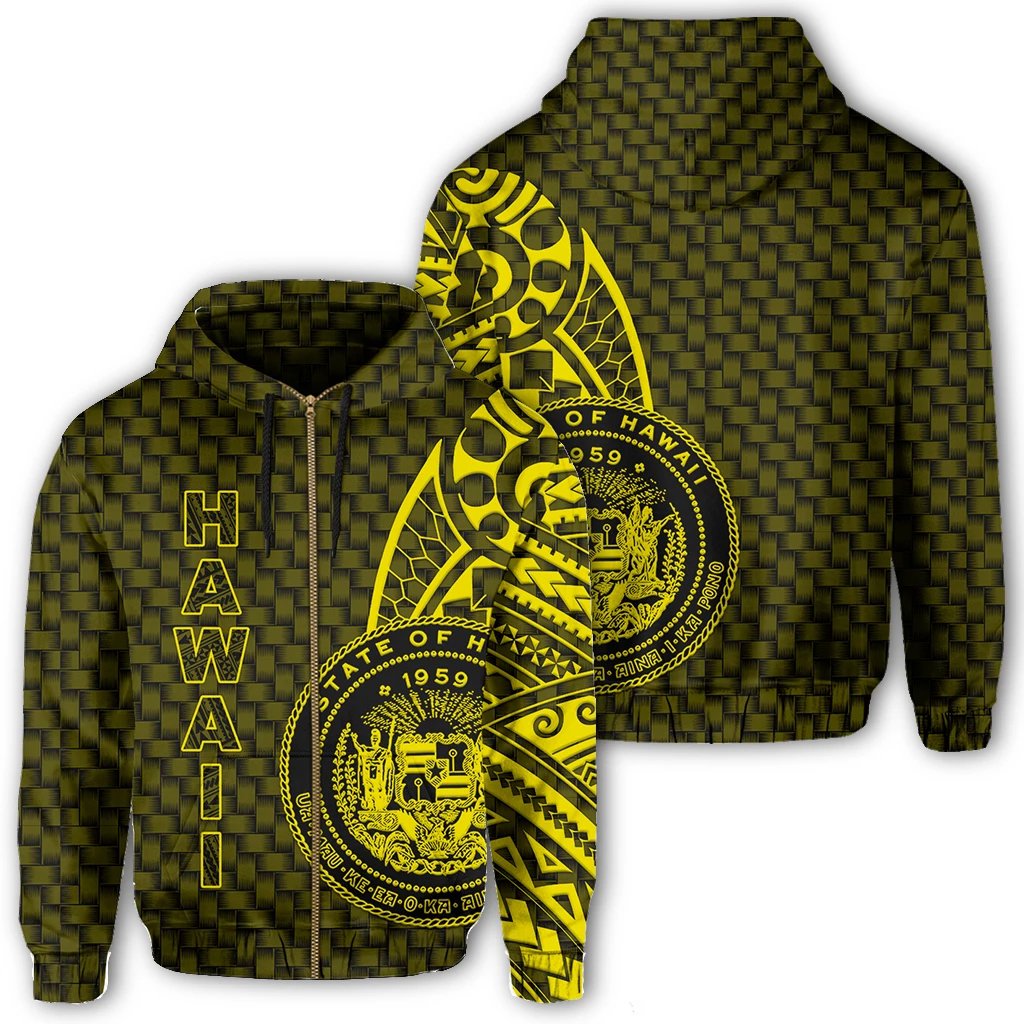 Hawaii Polynesian Zipper Hoodie Yellow Emboss Style Unisex Yellow - Polynesian Pride