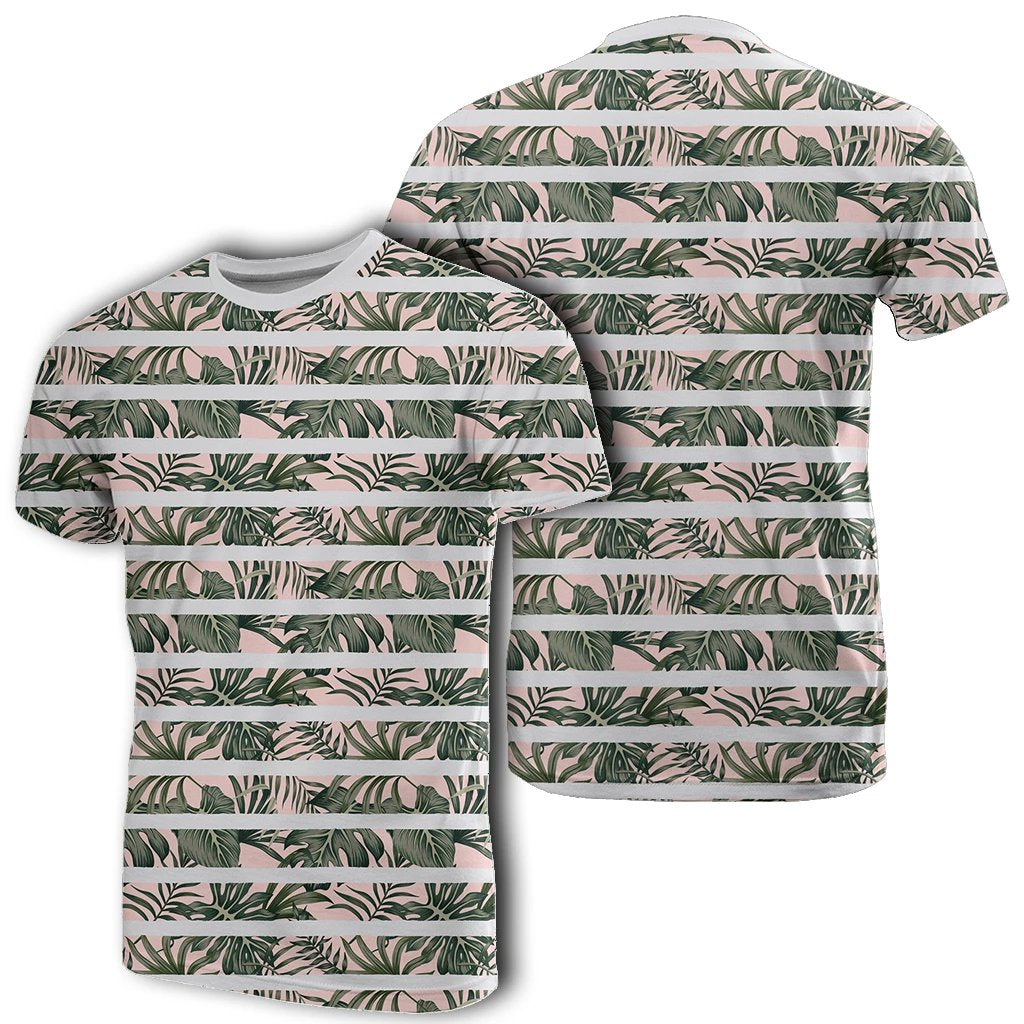 Hawaii Tropical Dark Green Leaves Seamless Pattern White Stripes Pink Background T Shirt Unisex White - Polynesian Pride