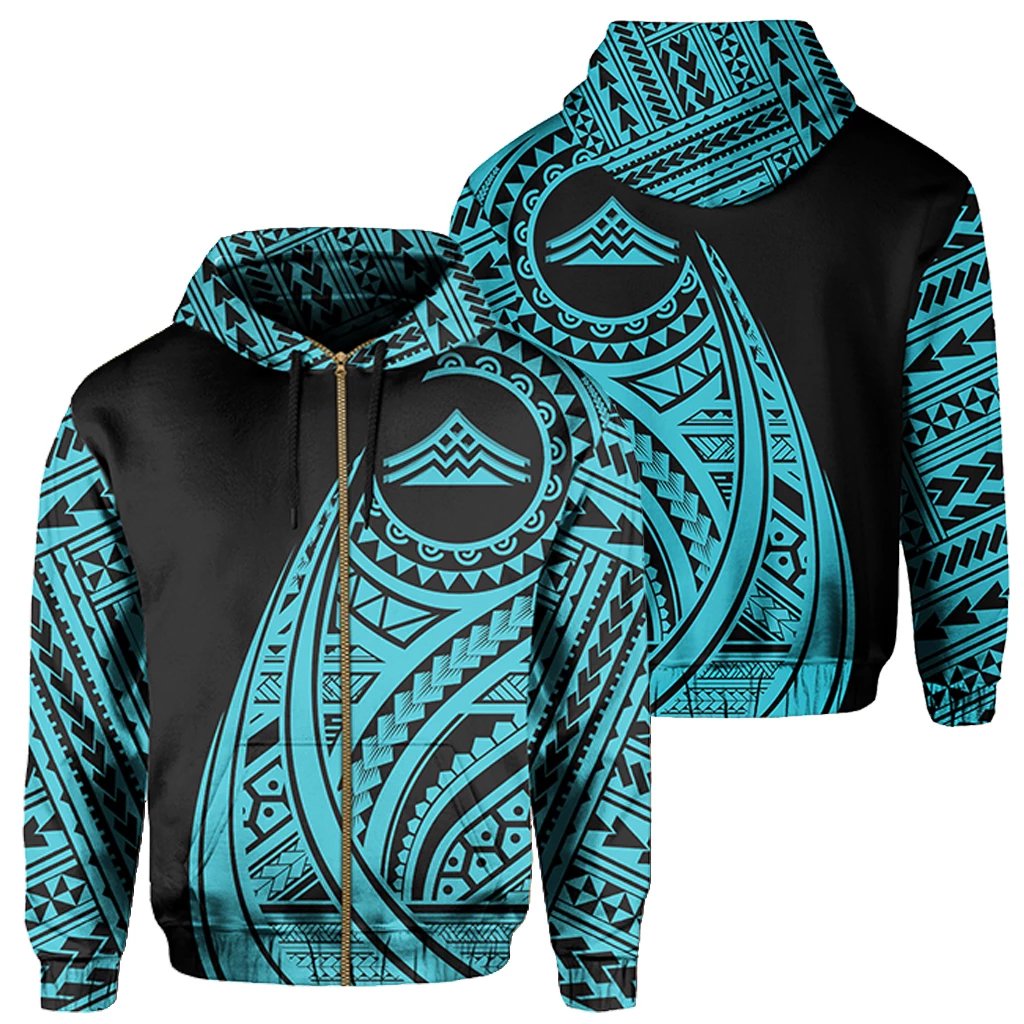 Hawaii Mauna Kea Polynesian Zip up Hoodie Tatoo Style Blue Unisex Blue - Polynesian Pride