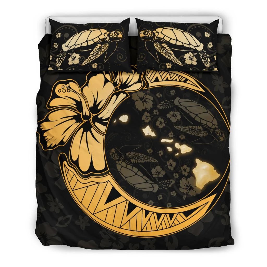 Hawaiian Map Hibiscus Turtle On The Moon Polynesian Bedding Set Black - Polynesian Pride