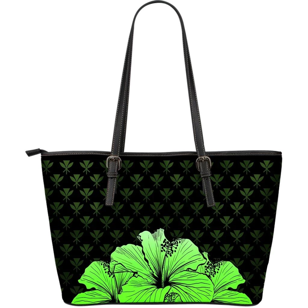 Kanaka Hibiscus Large Leather Tote Green - Rich Style Leather Tote One Size Green - Polynesian Pride