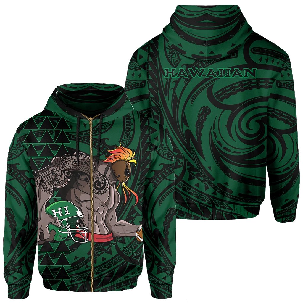 Kakau Green Hawaii Warrior Football Hoodie (Zip) Unisex Green - Polynesian Pride