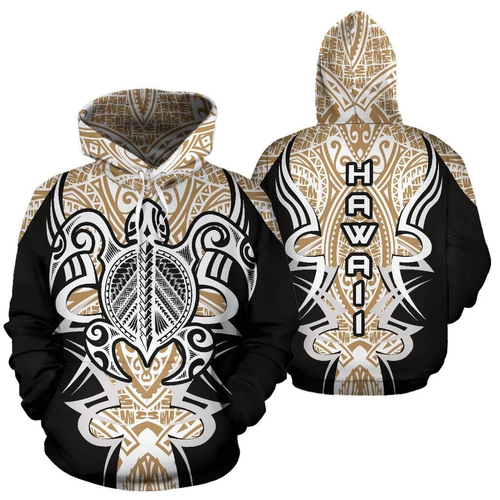 Hawaii Turtle Tribal Gold Hoodie Armor Style Unisex White - Polynesian Pride