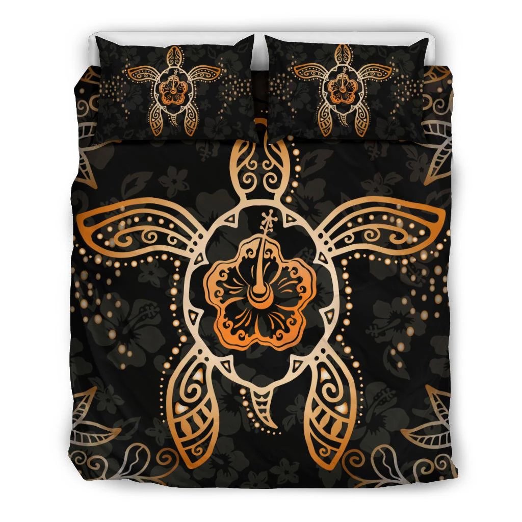 Hawaiian Turtle Hibiscus Plumeria Orange Bedding Set Black - Polynesian Pride