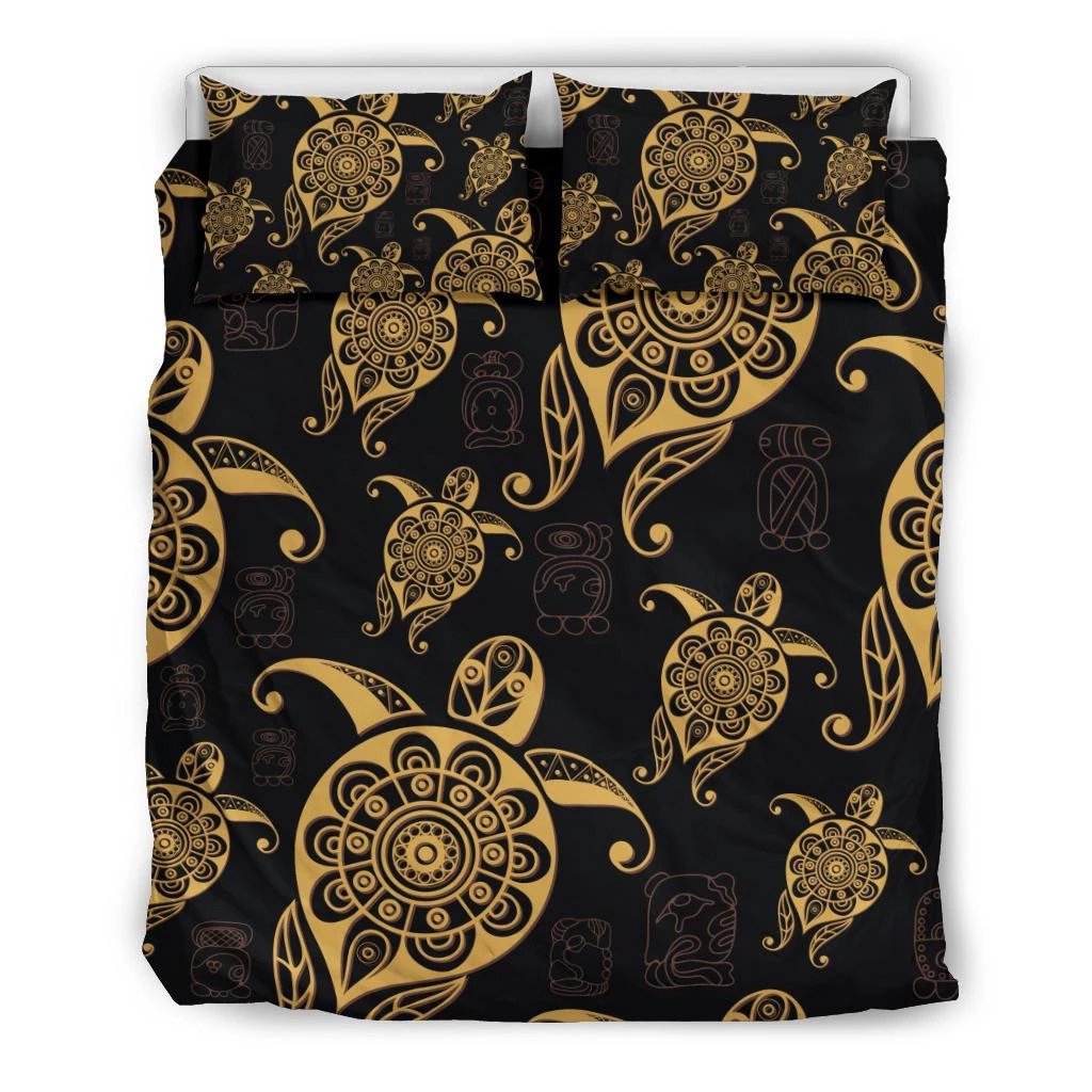 Hawaiian Turtle Pattern Golden Bedding Set Black - Polynesian Pride