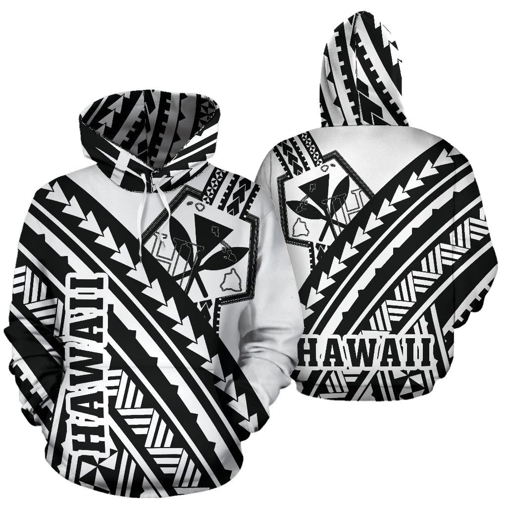 Hawaii Kanaka Polynesian Hoodie Poly Style Black and White Unisex White - Polynesian Pride
