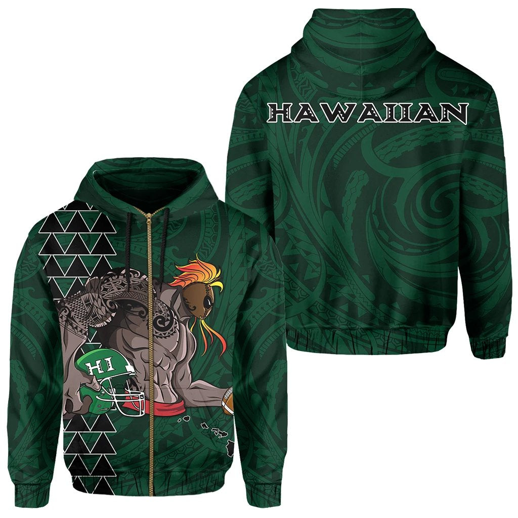 Kakau Hawaii Warrior Football Hoodie (Zip) Unisex Green - Polynesian Pride