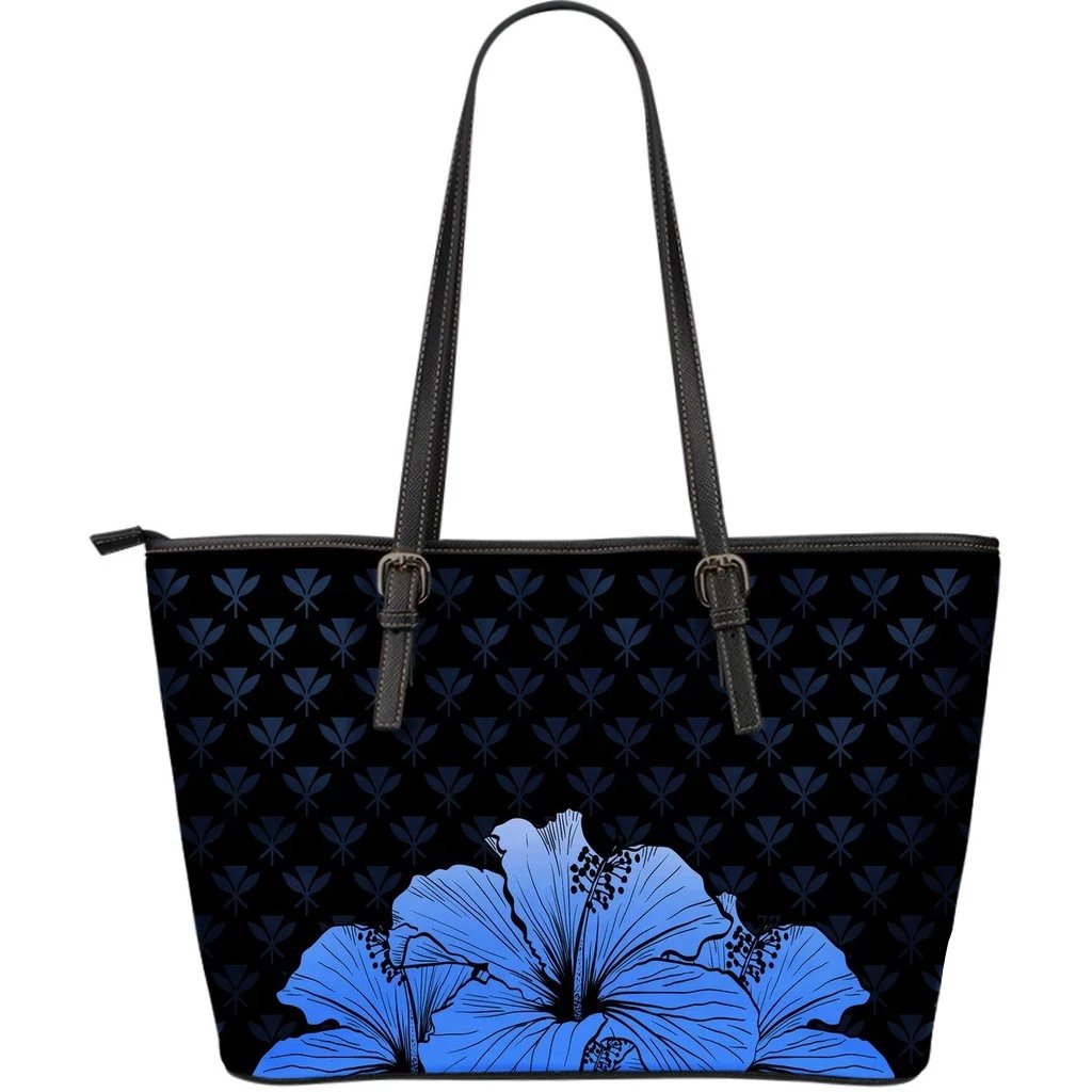 Kanaka Hibiscus Large Leather Tote Blue - Rich Style Blue - Polynesian Pride