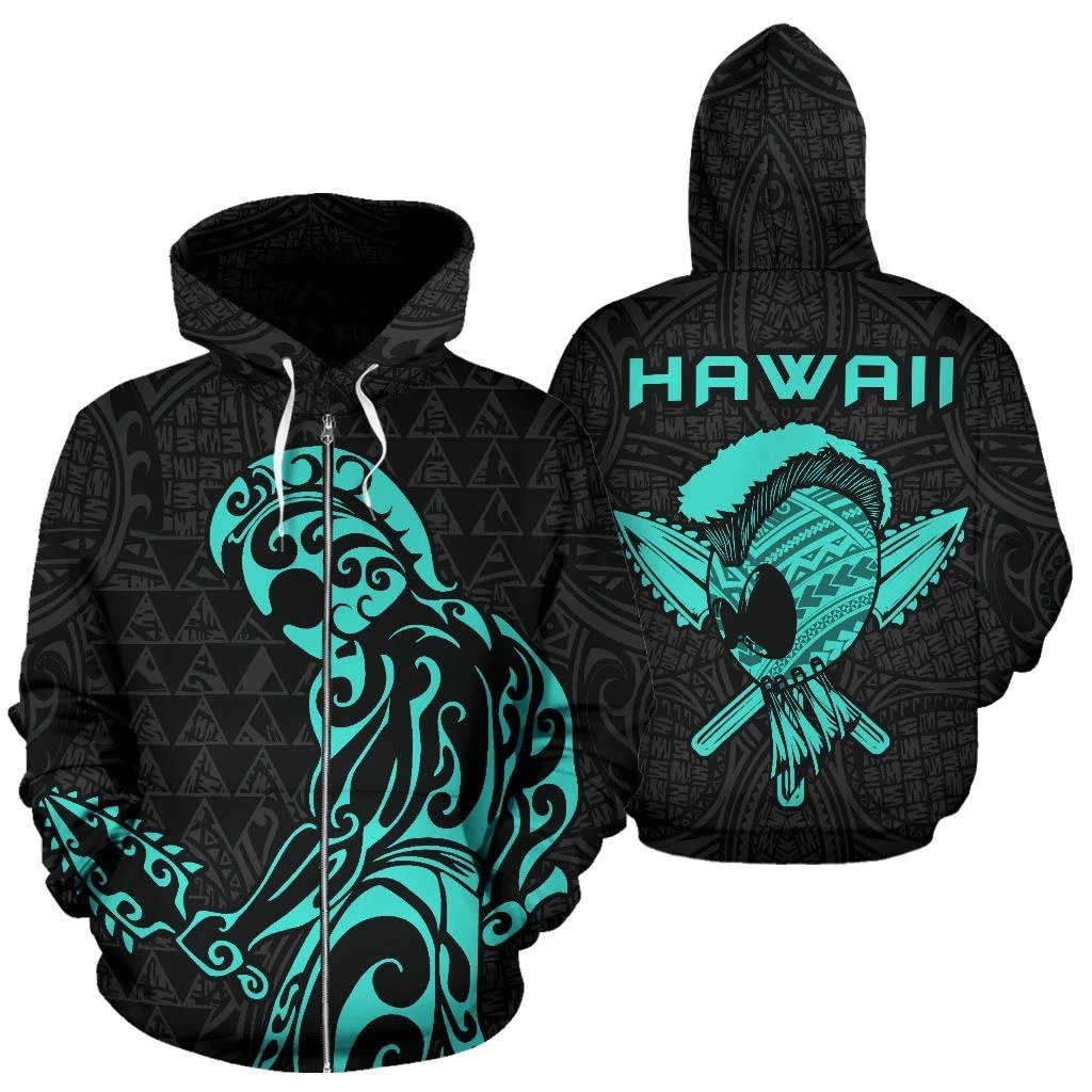 Polynesian Kakau Helmet Weapon Turquoise Kanaka Warrior Hoodie (Zip) Unisex Turquoise - Polynesian Pride
