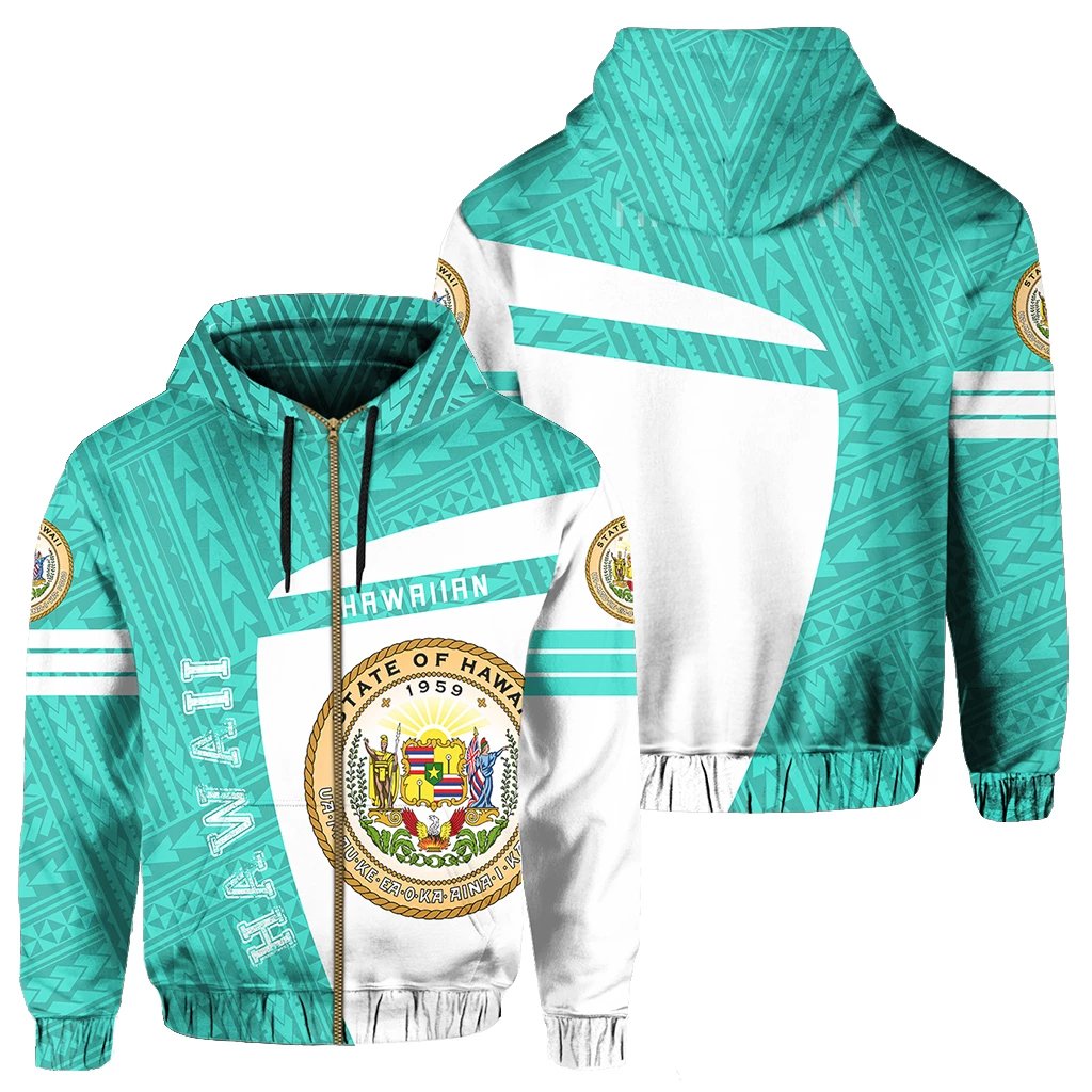 Hawaii Polynesian Sport Zipper Hoodie Turquoise Premium Style Unisex Turquoise - Polynesian Pride
