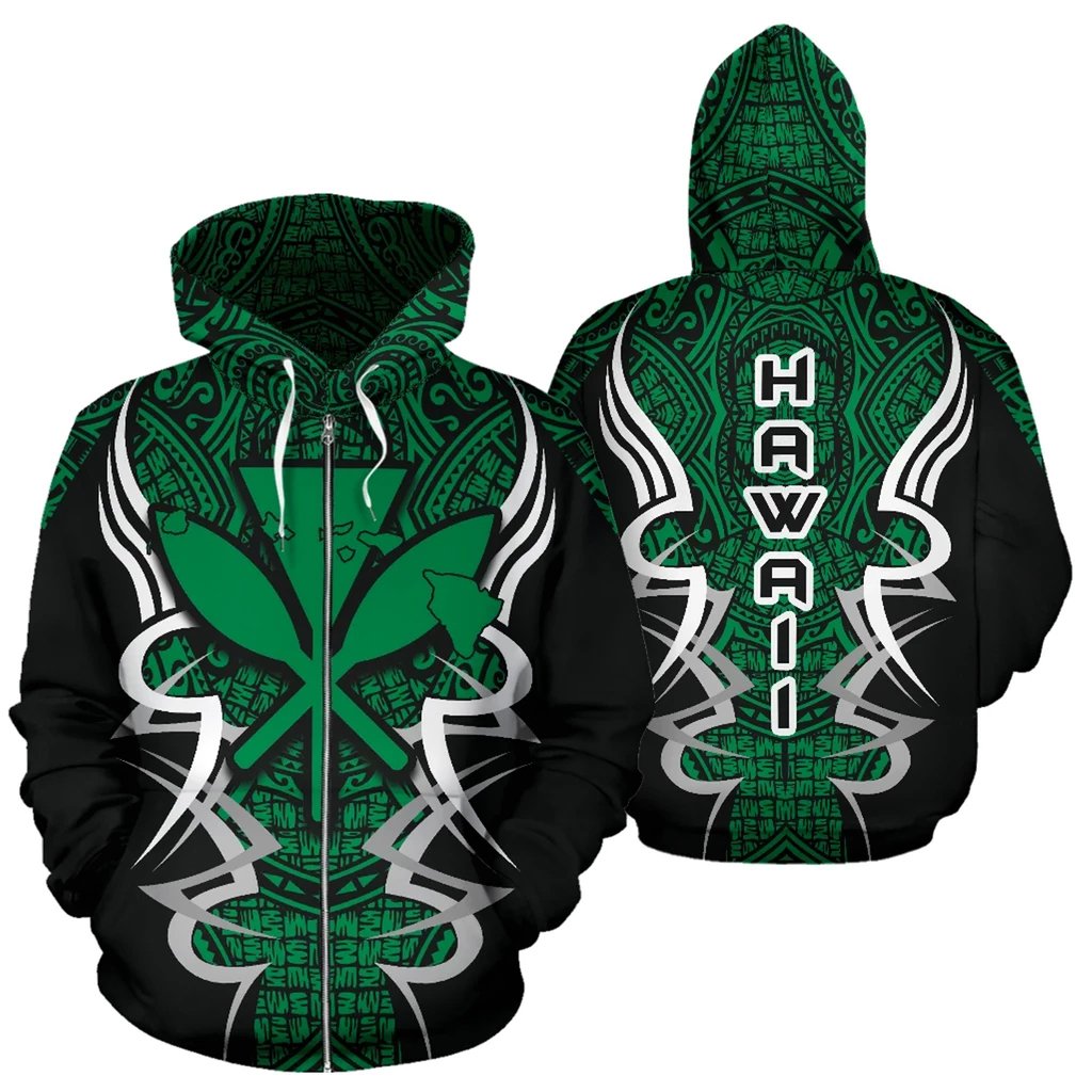 Kanaka Map Zip up Hoodie Green Armor Style Unisex Art - Polynesian Pride