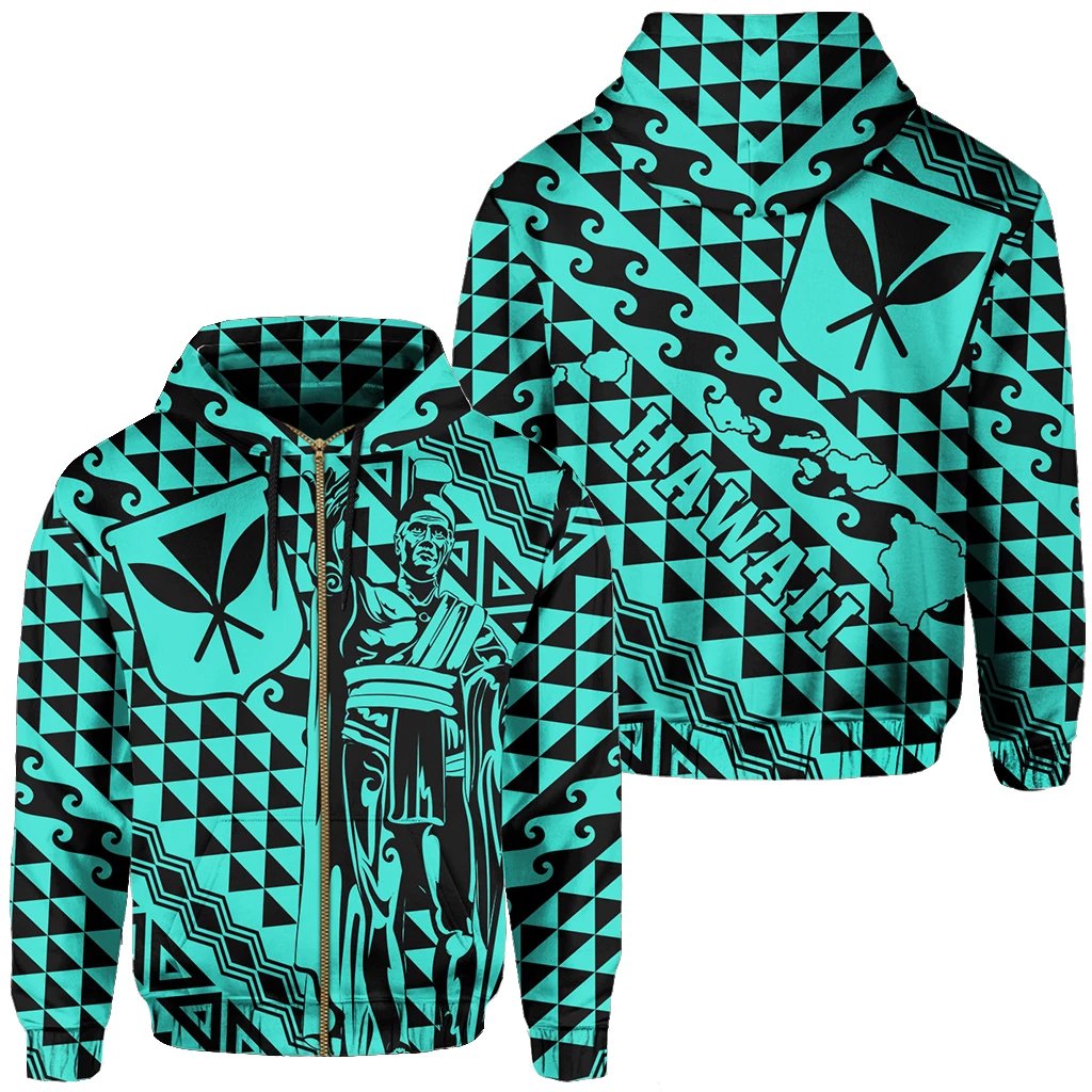 Hawaii Hoodie (Zip) King Kakau Kanaka Turquoise Unisex Turqouise - Polynesian Pride