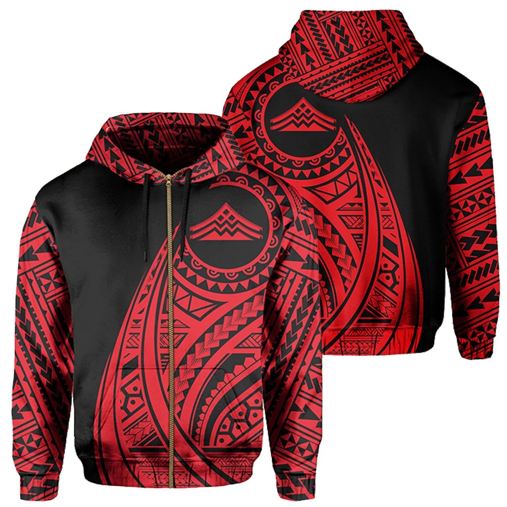 Hawaii Mauna Kea Polynesian Zip up Hoodie Tatoo Style Red Unisex Red - Polynesian Pride