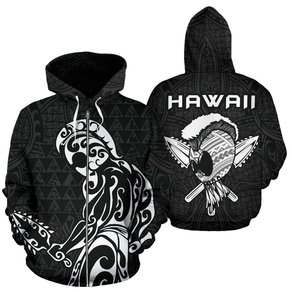 Polynesian Kakau Helmet Weapon White Kanaka Warrior Hoodie (Zip) Unisex White - Polynesian Pride